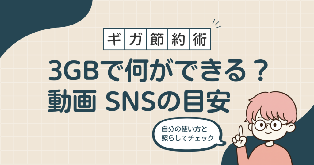 スマホのデータ容量3GBで動画やSNSで何ができるかを解説する記事のアイキャッチ画像で、ギガ節約術のテキストと男性のイラストが描かれている画像