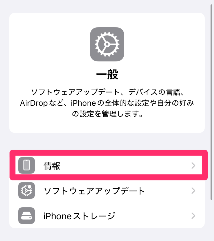 iPhoneの一般設定画面からモデル名を確認するために情報メニューをタップしているスクリーンショット画像